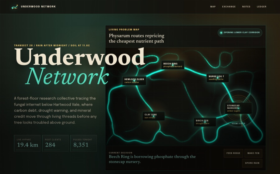 Underwood Network - Living Mycelium Research Map — Organic Canvas Interaction (FABLE/175, room 28)